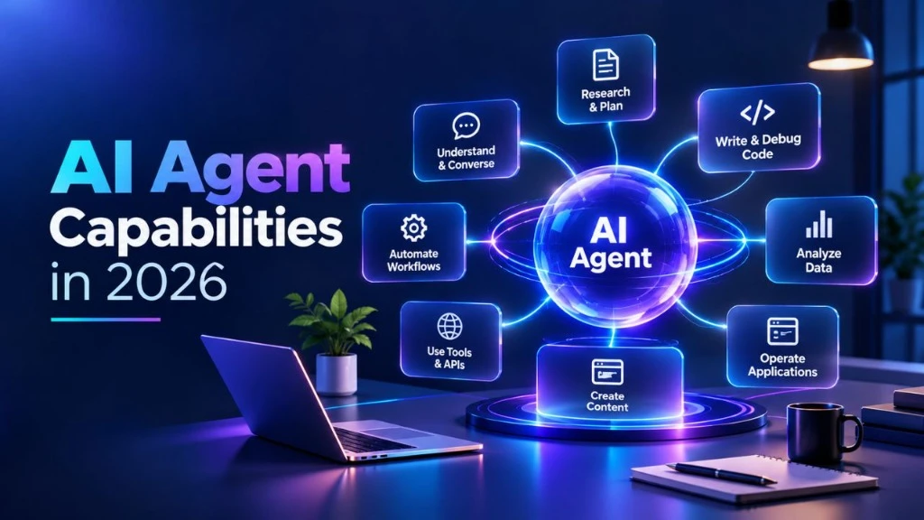Conceptual diagram of autonomous AI agents collaborating with software tools and APIs in 2026.