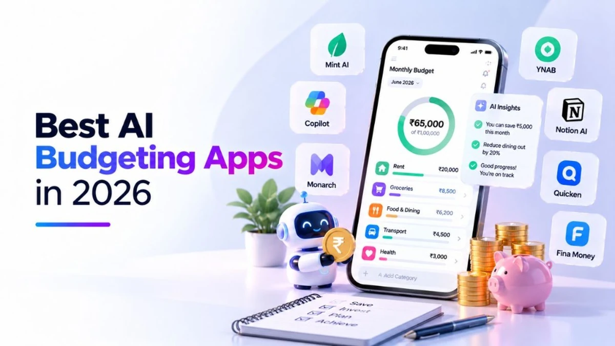 Best AI Budgeting Apps in 2026 infographic featuring Monarch Money, Copilot, YNAB, Mint AI, Notion AI, Quicken, and Fina Money on a mobile phone interface.