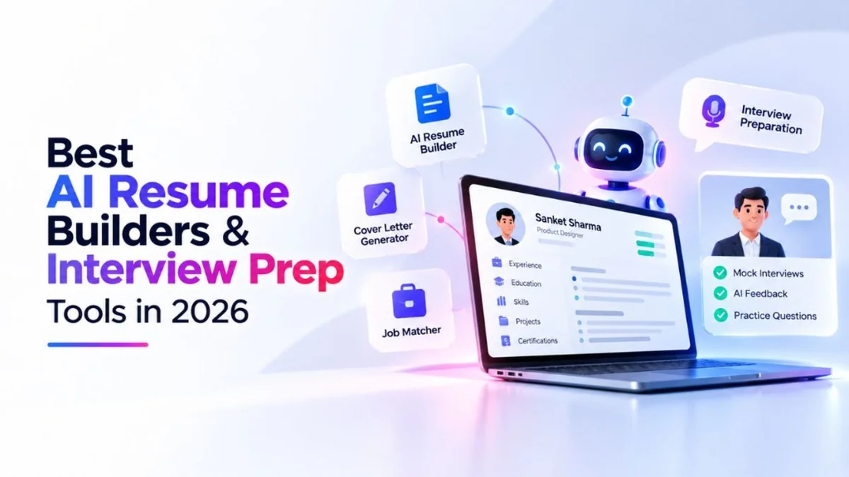 Best AI Resume Builders & Interview Prep Tools in 2026 showing a laptop displaying an AI-optimized resume surrounded by 3D icons for resume building, cover letters, and mock interview coaching.