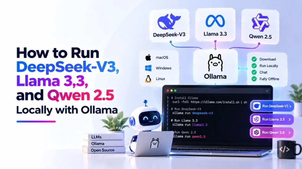 How to Run DeepSeek-V3, Llama 3.3, and Qwen 2.5 Locally with Ollama infographic illustrating setup across macOS, Windows, and Linux with local offline execution.