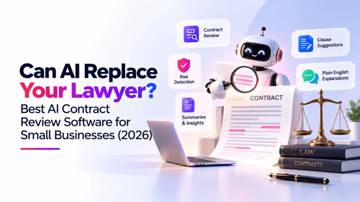Can AI Replace Your Lawyer? Best AI Contract Review Software for Small Businesses in 2026 showing an AI robot auditing a commercial contract on a laptop with risk detection, clause suggestions, and legal software badges.
