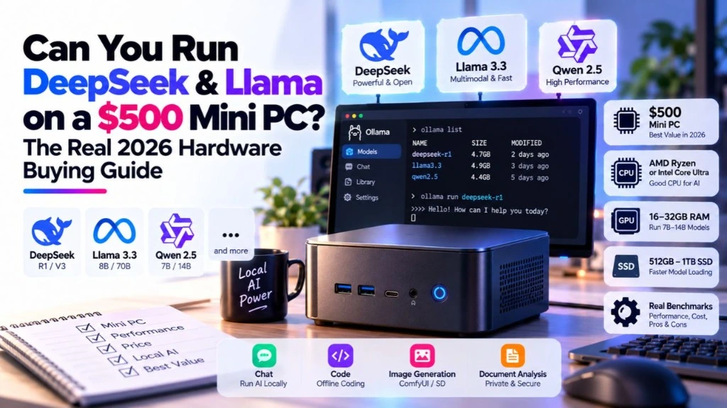 Can You Run DeepSeek and Llama on a 500 Dollar Mini PC infographic showing real token speeds across 8B, 14B, and 32B models with 32GB DDR5 RAM.