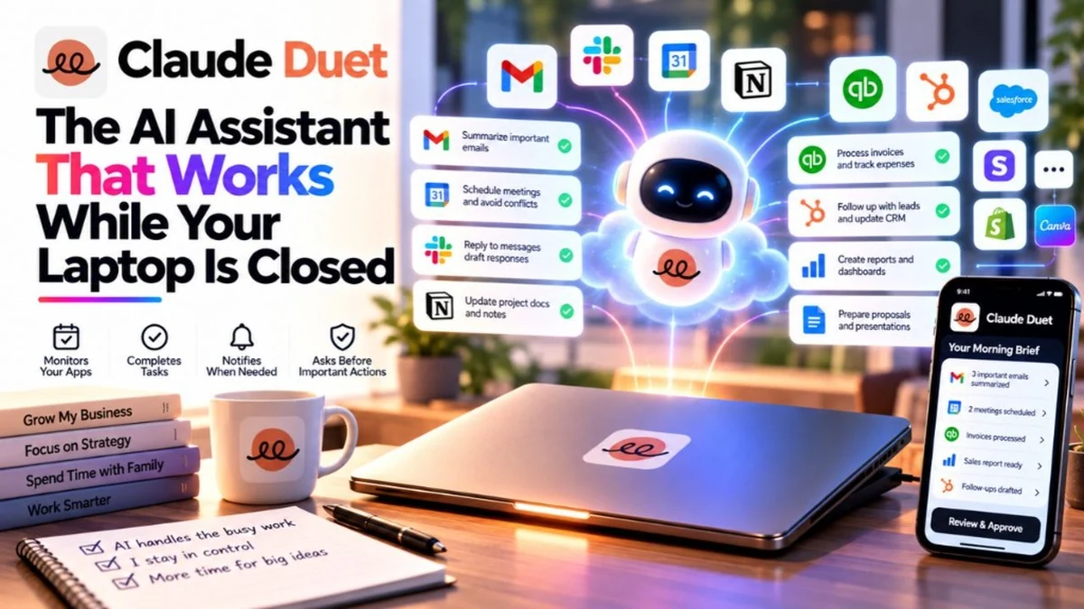 Official Claude Duet preview interface showing proactive AI agent morning briefings, connected business tools, and autonomous tasks.