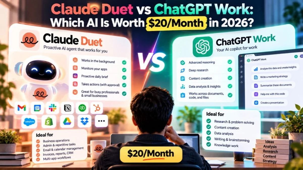 Claude Duet vs ChatGPT Work: Which $20 AI Wins in 2026? Side-by-side benchmark of Anthropic Opus 5.5 autonomous agents versus OpenAI ChatGPT Work.