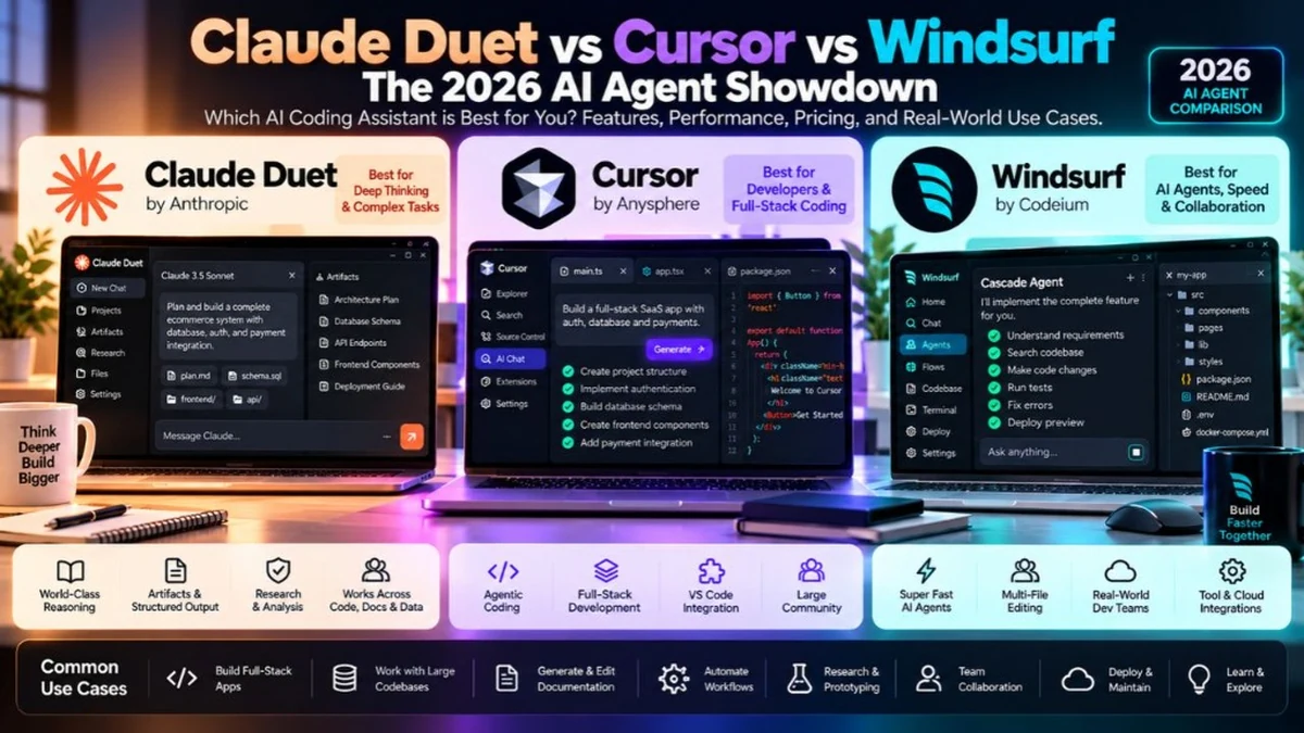 Claude Duet vs Cursor vs Windsurf: The 2026 AI Agent Showdown comparing Anthropic autonomous agent app with Cursor and Windsurf IDEs.