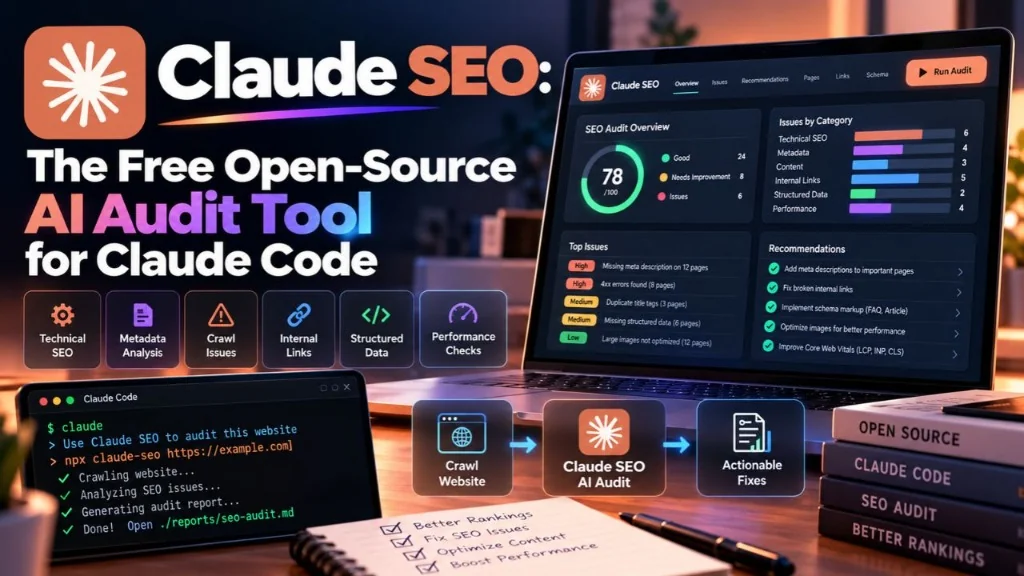 Claude SEO: Free open-source AI SEO audit tool for Claude Code with 26 sub-skills, 19 subagents, and automated code fixes.