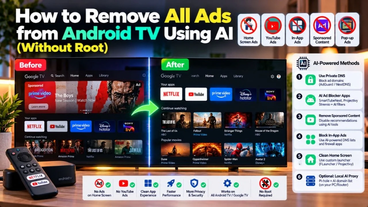 How to Remove All Ads from Android TV Using AI (Without Root) featuring Before and After Google TV screens, ad categories, and 6 AI-powered blocking methods.