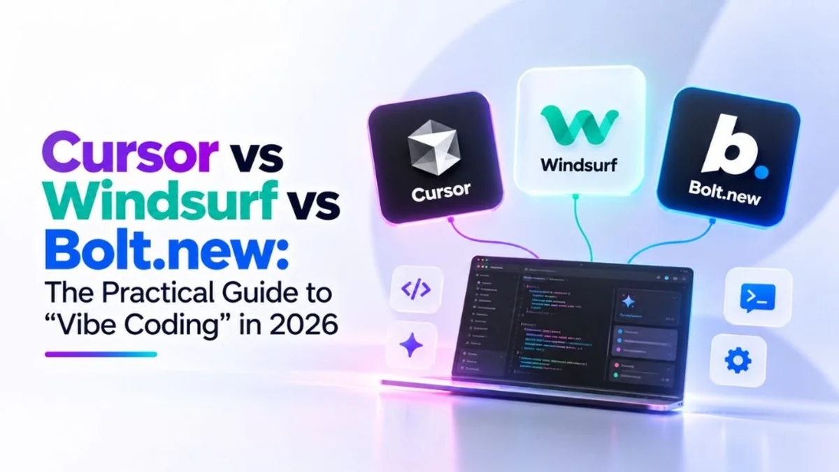 Cursor vs Windsurf vs Bolt.new: The Practical Guide to 'Vibe Coding' in 2026 featuring 3D icons for Cursor, Windsurf, and Bolt.new hovering over an AI development laptop.