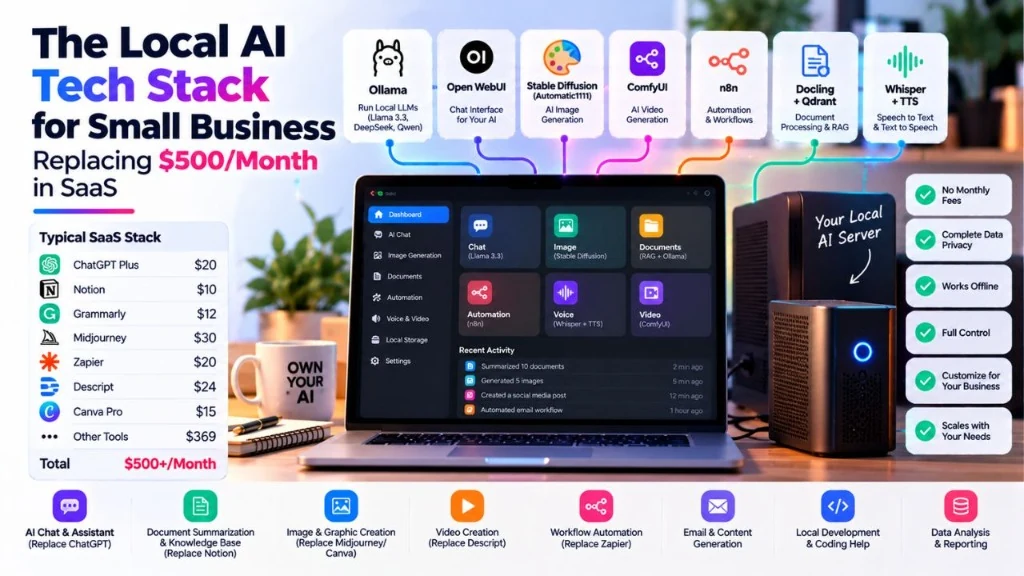The Local AI Tech Stack for Small Business: Replacing $500/Month in SaaS diagram showing Ollama, Open WebUI, Stable Diffusion, ComfyUI, n8n, Docling, and Whisper running on a local AI server.
