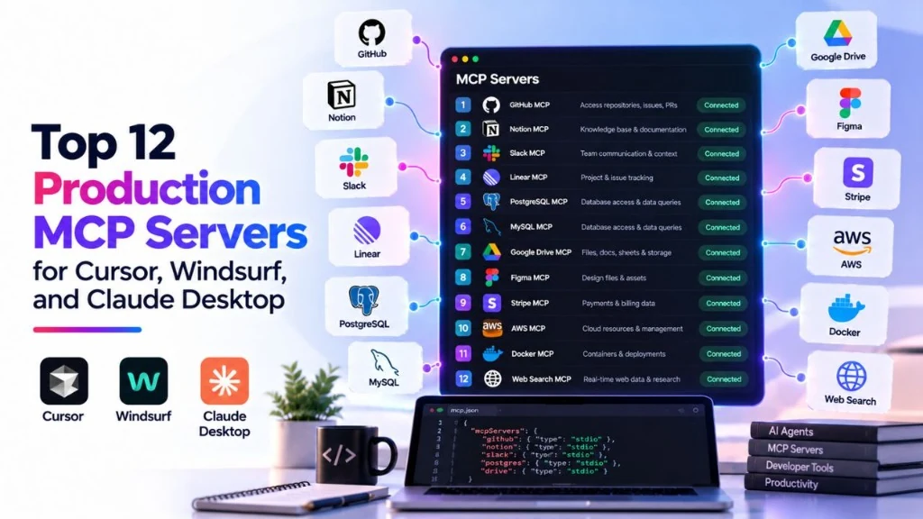 Top 12 Production MCP Servers for Cursor, Windsurf, and Claude Desktop in 2026 connecting AI assistants to databases, source code, and developer tools.