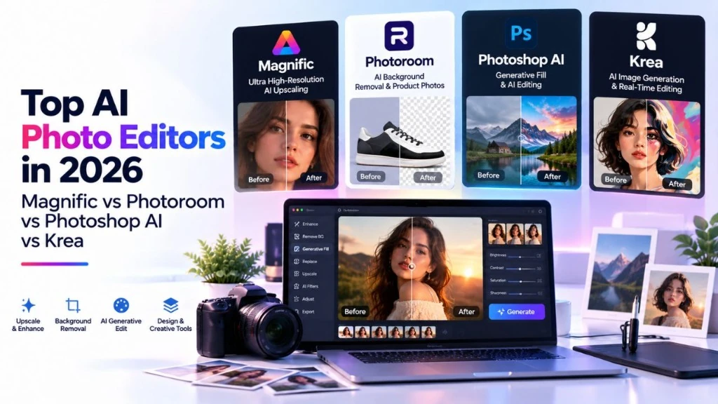 Top AI Photo Editors in 2026 infographic comparing Magnific AI upscaling, Photoroom background removal, Photoshop AI generative fill, and Krea real-time editing with before and after comparisons.