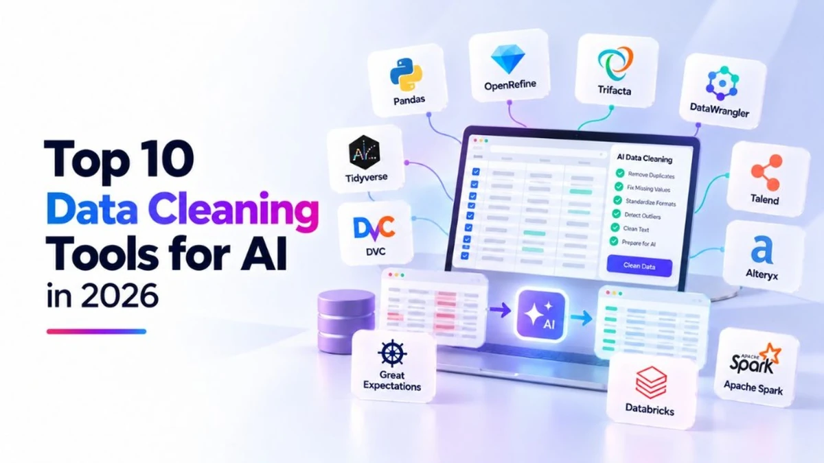 Top 10 Data Cleaning Tools for AI in 2026 infographic featuring Pandas, OpenRefine, Trifacta, Talend, Alteryx, Databricks, Apache Spark, and Great Expectations.